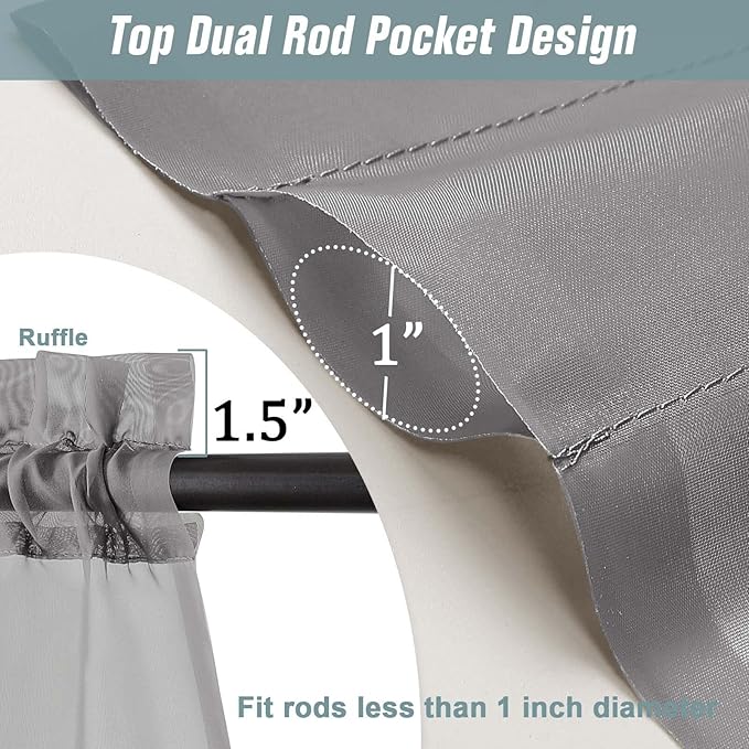 Grey Window Sheer Curtains 45 Inches Length, Voile Short Curtains for Living Room Bedroom, Modern Window Drapes 2 Panels, Top Dual Rod Pocket Design, Charcoal Grey, 2x42Wx45L Inches