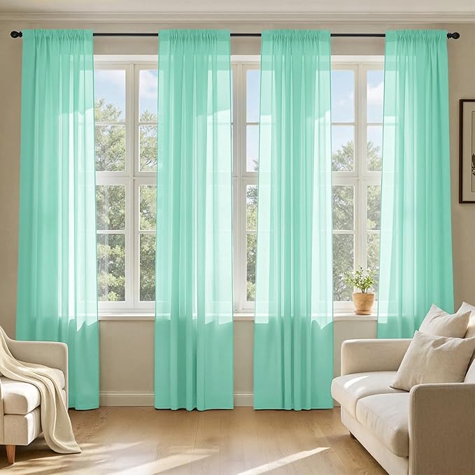 MIULEE Aqua Sheer Curtains 90 Inches Long, 4 Panels Set, Light Filtering Rod Pocket Voile Drapes for Living Room and Bedroom, Airy Soft Fabric Window Treatments, 42 x 90 Inches