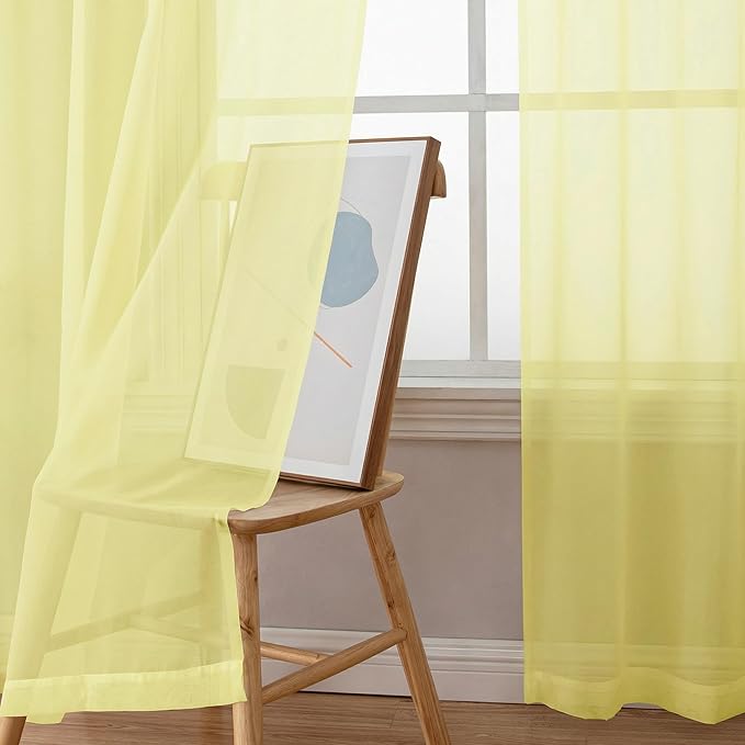 OWENIE Sheer Curtains 84 inches Long 2 Panels Set for Living Room/Bedroom, Rod Pocket Voile Sheer Panel Drapes, Airy Soft Fabric Window Treatments, 2pcs, Each 42" W x 84" L, Light Yellow