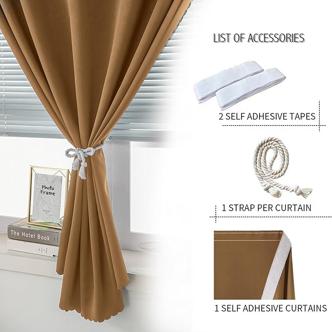 Self Adhesive Curtains, Stick Curtain Blackout Shades Window Cover Curtains for Living Room No Drilling, 35" W X 79" L, Brown, 1 Panel