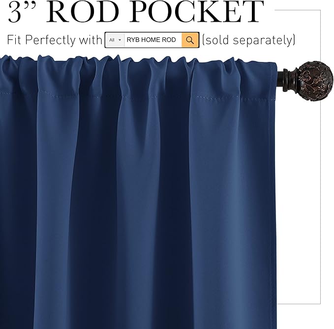 RYB HOME Kitchen Blackout Curtains Over Sink 36 inch Length, Rod Pocket Summer Light UV Blocking Energy Efficient, Cabinet Shelf Cupboard Coverings, Width 29 by Length 36, Navy Blue, 2 Panels