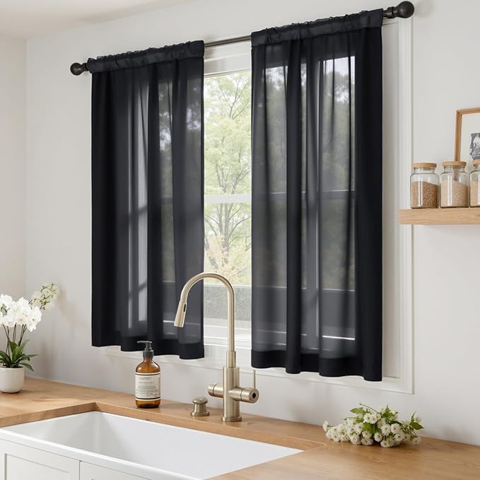 MIULEE Black Sheer Curtains 63 Inches Long, 4 Panels Set, Light Filtering Halloween Rod Pocket Voile Drapes for Living Room and Bedroom, Airy Soft Fabric Window Treatments, 54 x 63 Inches