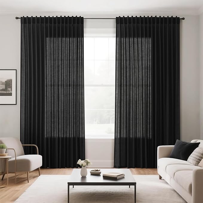 Nanspring Black Semi Sheer Linen Curtains 72 inch Length for Living Room Back Tab Rod Pocket Modern Farmhouse Coastal Decor Cotton Textured Gauze Curtains for Dining Room Office 52x72