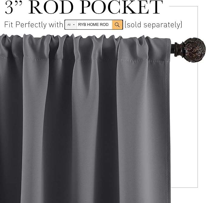 RYB HOME Blackout Privacy Bathroom Window Curtains, Short Thermal Insulated Heat Blocking Privacy Rod Pocket Half Window Curtain Tiers for Nursery Bedroom, Width 42 by Length 30, Grey, 2 Panels