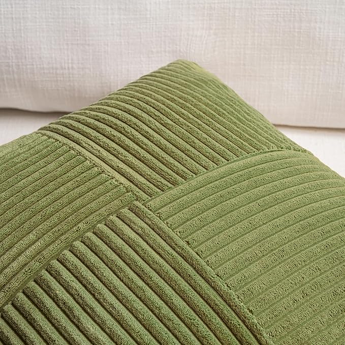 Fancy Homi 2 Packs Moss Green Lumbar Decorative Throw Pillow Covers 16x28 Inch for Living Room Couch Bed, Rustic Farmhouse Boho Home Decor, Soft Striped Corduroy Rectangle Accent Cushion Case 40x70 cm