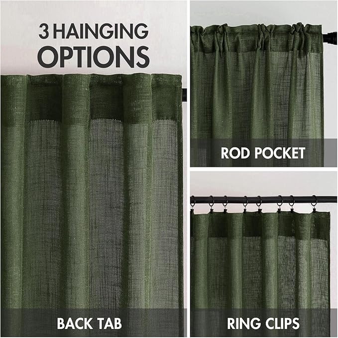 MIULEE Olive Green Linen Curtains 102 Inch Length 2 Panels for Bedroom Living Room, Soft Thick Linen Textured Window Drapes Semi Sheer Light Filtering Back Tab Rod Pocket Burlap Look Decor