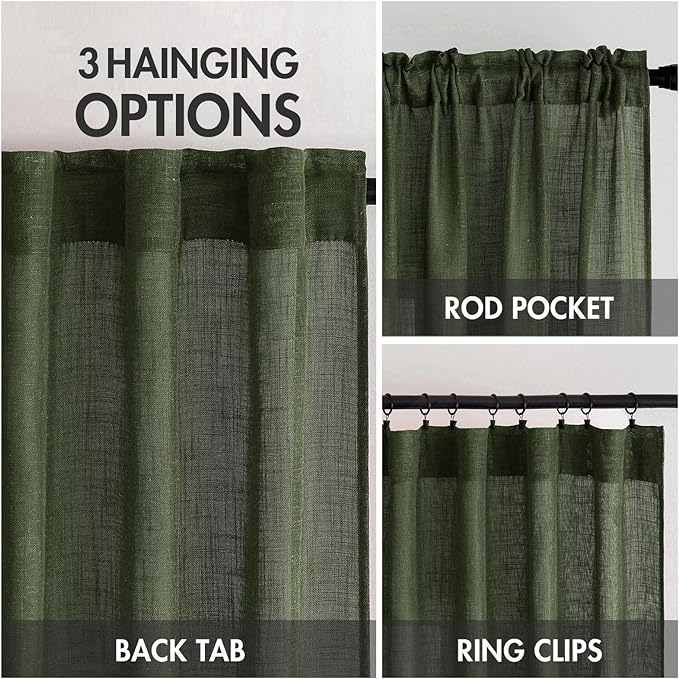 MIULEE Olive Green Linen Curtains 84 Inch Length 2 Panels for Bedroom Living Room, Soft Thick Linen Textured Natural Window Drapes Semi Sheer Light Filtering Back Tab Rod Pocket Burlap Look Decor