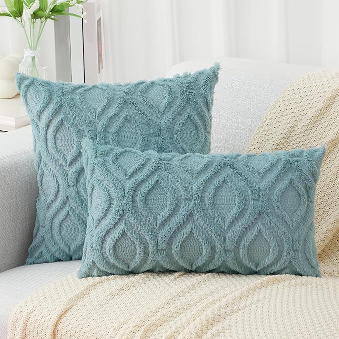 decorUhome Summer Throw Pillow Covers 22x22 Inch Set of 2, Soft Plush Faux Wool Aqua Solid Couch Pillow Covers, Accent Euro Sham Farmhouse Neutral Square Pillow Cases for Sofa Bed Living Room