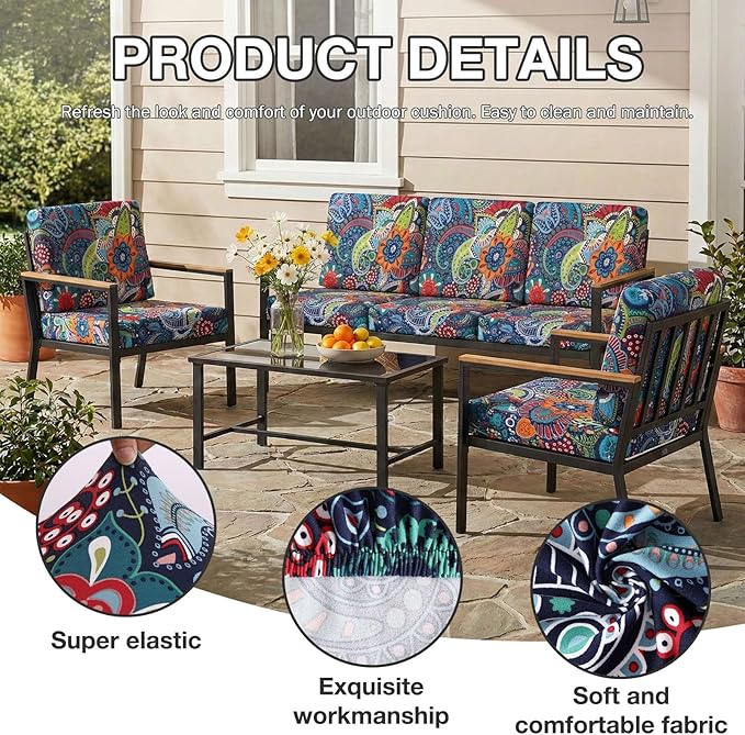 hyha 14Pcs Patio Cushion Covers, Stretch Outdoor Couch Cushion Covers Replacement, Washable Outdoor Chair/Sofa Slipcovers for Patio Furniture Cushions Protector with Elastic Bottom(Paisley,Cover Only)