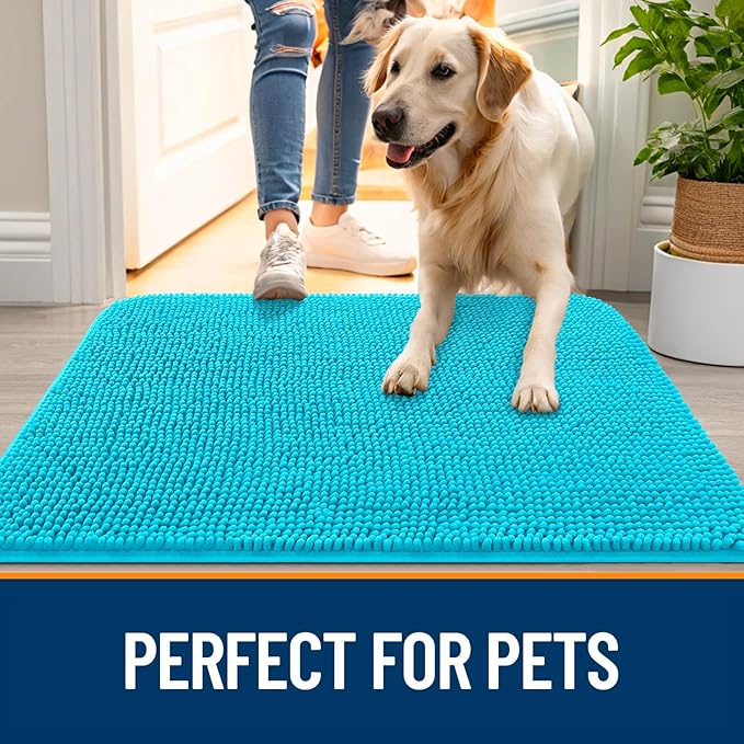 OLANLY Dog Door Mat for Muddy Paws 70x32, Absorbs Moisture and Dirt, Absorbent Non-Slip Washable Doormat, Quick Dry Chenille Mud Mat for Dogs, Entry Indoor Entryway Carpet for Inside Floor, Aqua Blue