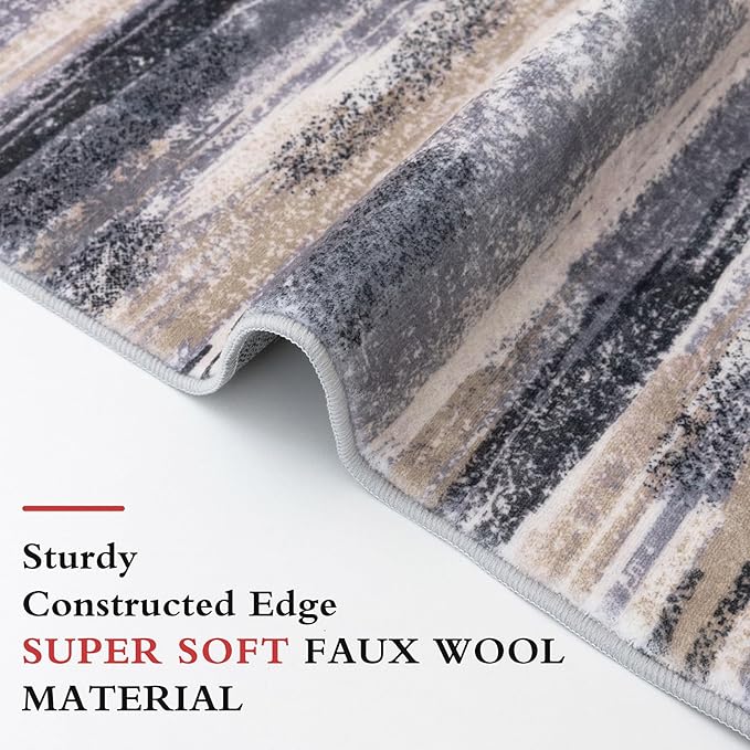 Lansny Modern Abstract Runner Rug 2.6x14, Grey Black Multi Washable Long Kitchen Runner Non-Slip Soft Hallway Rug Runner Thin Print Faux Wool Carpet for Entryway Bedroom Laundry Room Indoor HomeDecor