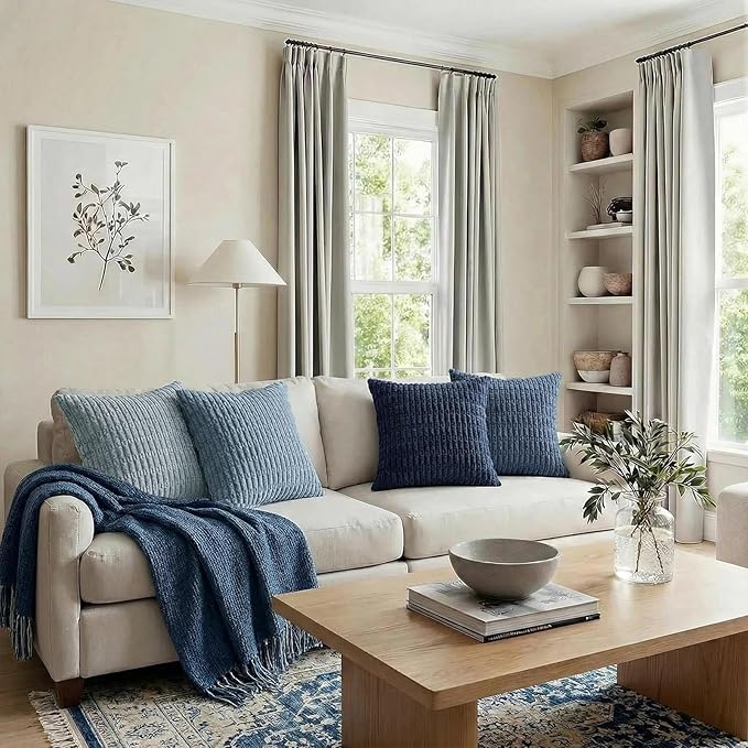 Fancy Homi Set of 4 Blue Decorative Throw Pillow Covers 18x18 Inch for Couch Bed Chair, Modern Farmhouse Boho Room Decor, Soft Fuzzy Corduroy Textured Striped Coastal Blue Cushion Case 45cm