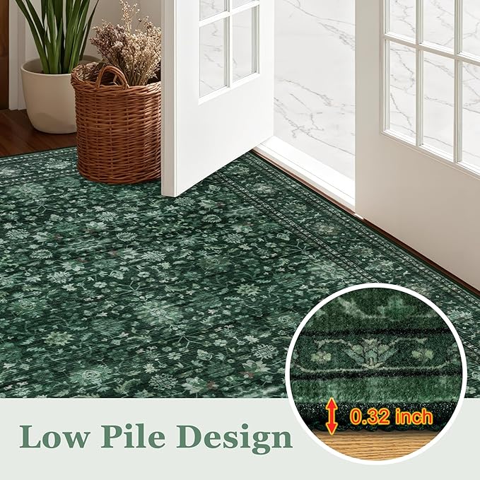 Area Rugs 10x14 Living Room Rug: Washable Rug Soft Vintage Distressed Floral Carpet Indoor Non-Slip Stain Resistant Large Carpets for Bedroom Dining Room Farmhouse Nursery Home Office Deep Green