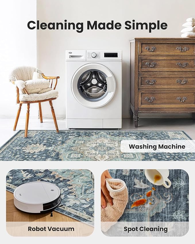 AMADA HOMEFURNISHING 5x7 Area Rugs, Washable Living Room Rug Low-Profile with Non-Slip Backing & Durable Edge Binding, Vintage 5x7 Rugs for Living Room, Bedroom, Dining Room