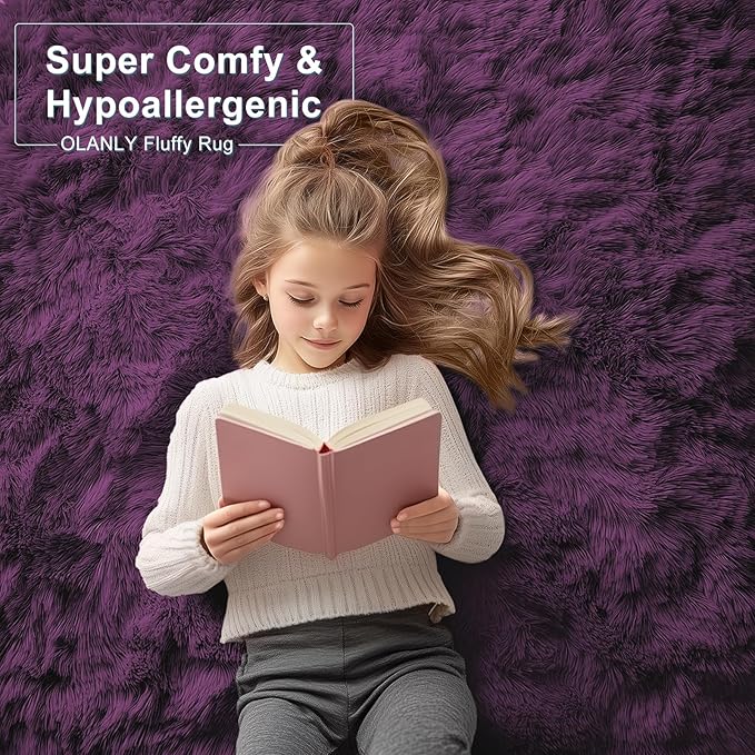 OLANLY 9x12 Machine Washable Large Area Rugs for Living Room, Bedroom, Soft Fluffy Shaggy Bedside Rug, Indoor Floor Carpet for Kids Girls and Boys, Dorms, Nursery, Home Decor Aesthetic, Dark Purple