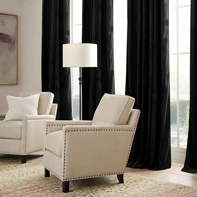 RYB HOME Black Velvet Curtains 72 inches with Hook Belt, Soft Fabric Room Darkening Thermal Insulated Luxurious Home Decor Curtains for Living Room Bedroom, W 52" x L 72", 2 Panels Set
