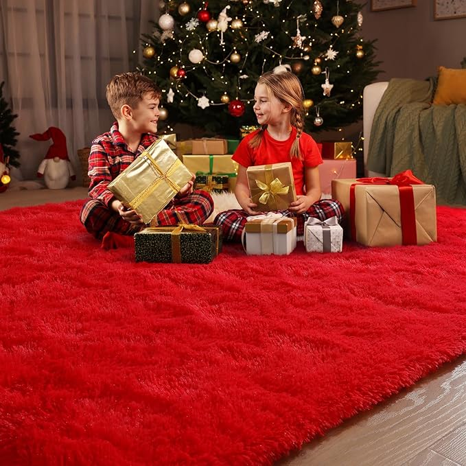 Amearea Shag Fluffy Area Rug for Bedroom Girls Living Room, Extra Soft and Fuzzy Shaggy Rugs, Non Slip, Solid Color Carpet Mat for Boys Nursery Home, Red 6x9 Feet