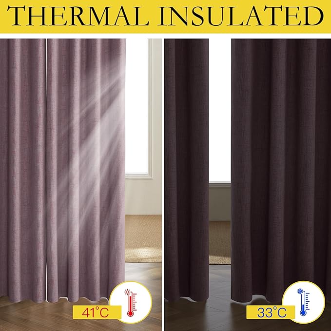NICETOWN Chaise Mauve Vintage Linen 100% Blackout Curtains for Living Room, Thermal Insulated Curtains 102“ Long, Noise Reducing Window Treatment Drapes for Home Office, 62" Wide Per Panel, Set of 2