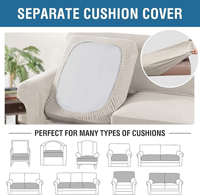 H.VERSAILTEX 3 Piece Stretch Sofa Covers for 2 Cushion Sofa Couch Covers for Living Room Sofa Slipcovers (Base Cover Plus 2 Seat Cushion Covers) Thicker Jacquard Fabric(Large Sofa, Ivory)
