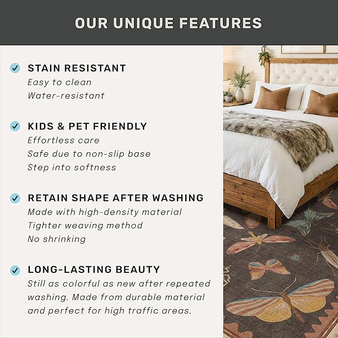Dining Room Rugs for Under Table 6x9 - Washable Soft Rugs for Bedroom Aesthetic, Low Pile Stain Resistant Living Room Carpet, Vintage Insect Home Décor (Brown)