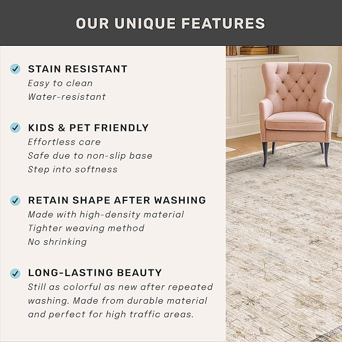 Washable Ivory 6x9 Living Room Rug, Non Slip Dinning Rugs for Under Table, Low Pile Neutral Farmhouse Retro Foldable Carpet for Bedroom, Office
