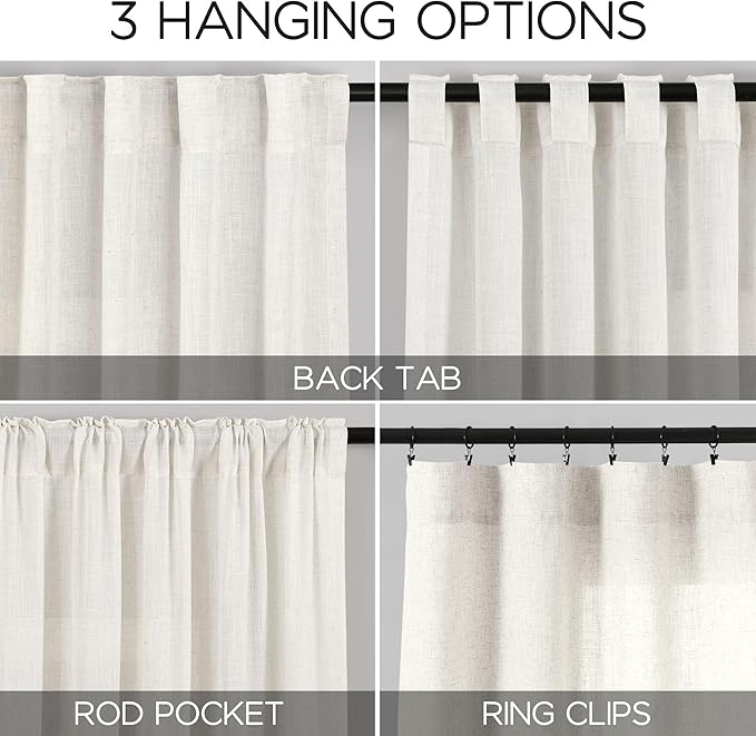 Nanspring Beige White Linen Curtains for Living Room 92 Inches Long Back Tab and Rod Pocket Light Filtering Semi Sheer Curtain Rustic Farmhouse Decor Luxury Drapes for Bedroom Office 52x92, 2 Panels