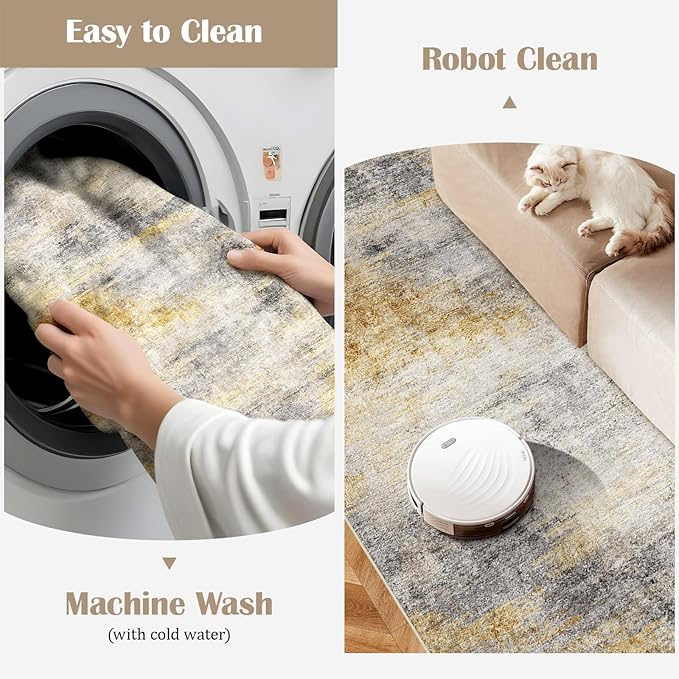 3x18 Washable Kitchen Runner Rug: Modern Abstract Runners for Hallway Soft Non Slip Rugs with Rubber Backing Low Pile Thin Waterproof Floor Carpet for Entryway Bedroom Bathroom Indoor 3x18 Grey/Yellow