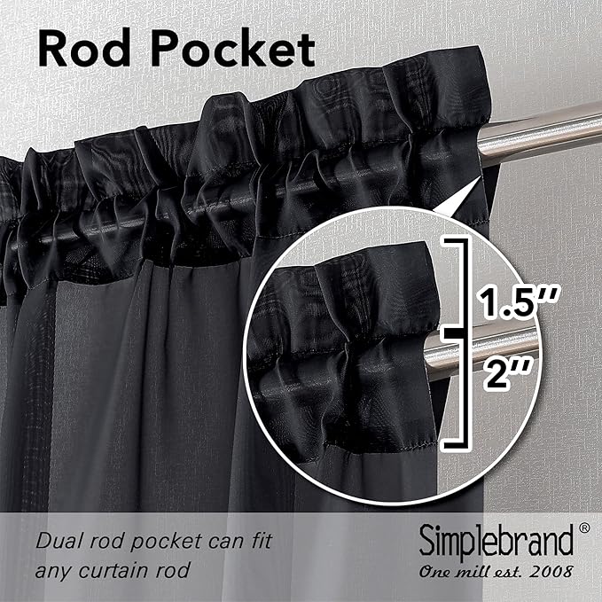 Simplebrand Black Sheer Curtains, 72" Length, 2 Panels Set - Light Filtering, Rod Pocket Window Curtains for Bedroom (Black, 59" W x 72" L)