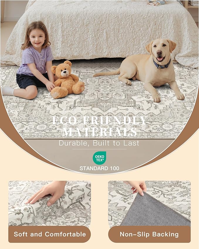 Madane 4x10 Wide Hallway Runner Rug: Washable Soft Rug Runners for Living Room Bedroom, Stain Resistant Low Pile Area Rugs Non Slip Floor Carpet for Ktichen (Beige/Brown, 4x10)