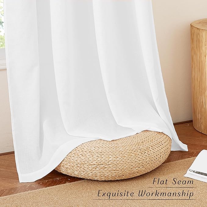 NICETOWN Thick Linen 120 inch Curtains for Living Room, Grommet Privacy Added Linen Burlap with Light Filtering Window Treatments for Bedroom/Living Room, White, W55 x L120, 2 Panels