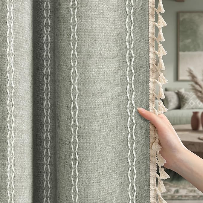 Boho Blackout Curtains 72 Inches Long Sage Green Linen Blend 2 Panels with Tassels and Cotton Embroidery, Farmhouse Vintage Rustic Rod Pocket Drapes for Living Room or Bedroom