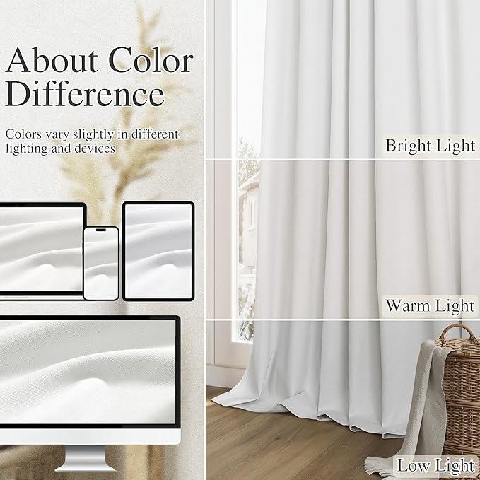 Guken White 100% Blackout Linen Curtains 52 Inch Wide by 70 Inch for Living Room Bedroom Back Tab Thermal Insulated Black Out Linen 2 Drapes Room Darkening Window Curtains