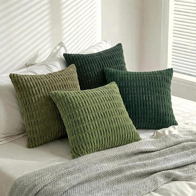 Fancy Homi Set of 4 Green Winter Decorative Throw Pillow Covers 14x14 Inch for Couch Bed Chair, Aesthetic Rustic Boho Room Decor, Soft Fuzzy Double Sided Thick Corduroy Textured Cushion Case 35cm