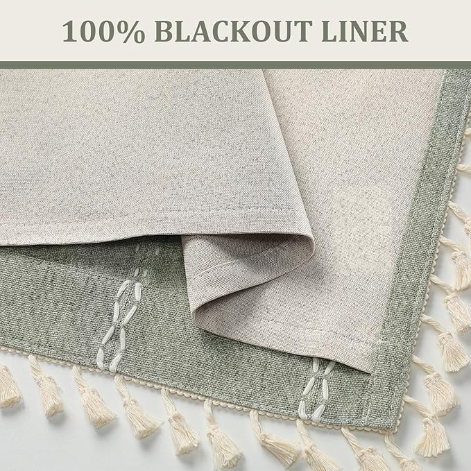 Boho Blackout Curtains 72 Inches Long Sage Green Linen Blend 2 Panels with Tassels and Cotton Embroidery, Farmhouse Vintage Rustic Rod Pocket Drapes for Living Room or Bedroom