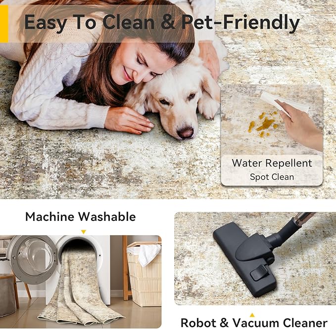Washable Area Rugs 8'x10' Non-Slip Modern Abstract Soft for Living Room Entryway Bedroom Nursery, Print Pattern, Neutral Brown Gray