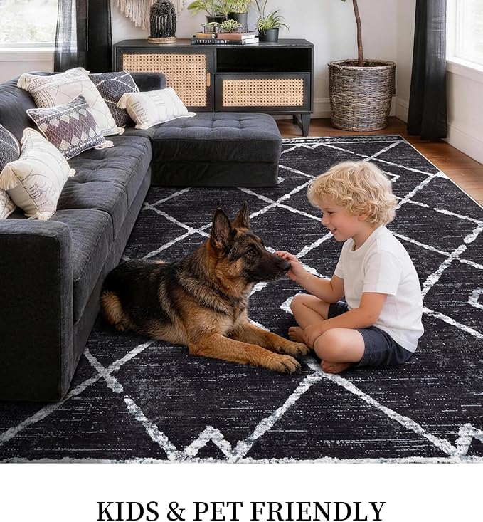 YIHOUSE Moroccan Rugs for Living Room, 8x10 Black and White Aztec Area Rug, Western Geometric Soft Low-Pile Washable Rugs for Bedroom, Dining Room