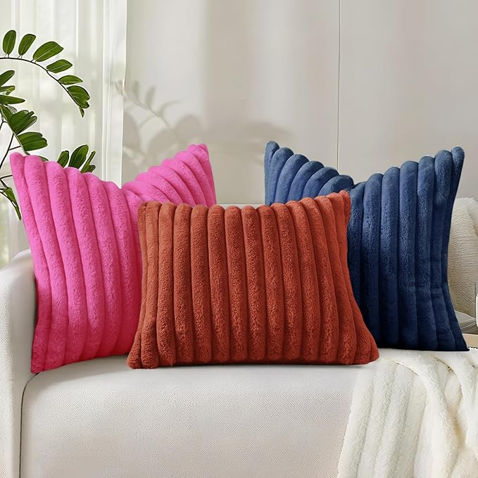 decorUhome Summer Cozy Faux Fur Throw Pillow Covers 12x20 Set of 2 Decorative Soft Plush Striped Lumbar Modern Farmhouse Boho Couch Pillow Cases with Velvet Back for Sofa Bed Living Room, Hot Pink