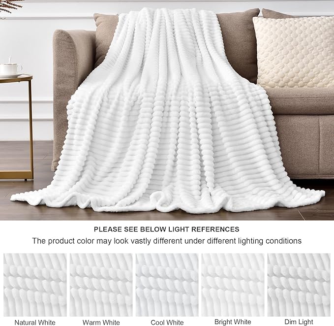BEDELITE Fleece Blanket Twin Size – 3D Ribbed Jacquard Soft and Warm Decorative Fuzzy Blankets – Cozy, Fluffy, Plush Lightweight Throw Blankets for Couch, Bed, Sofa(White, 60x80 inches)