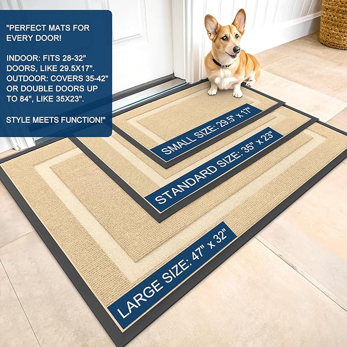 OLANLY Front Door Mat Indoor Outdoor Entrance, Waterproof All-Season, All-Weather Doormat, Sturdy Natural Rubber, Fade Resistant, Low Profile, Easy Clean Patio Porch Entryway Mat, 71x34, Beige