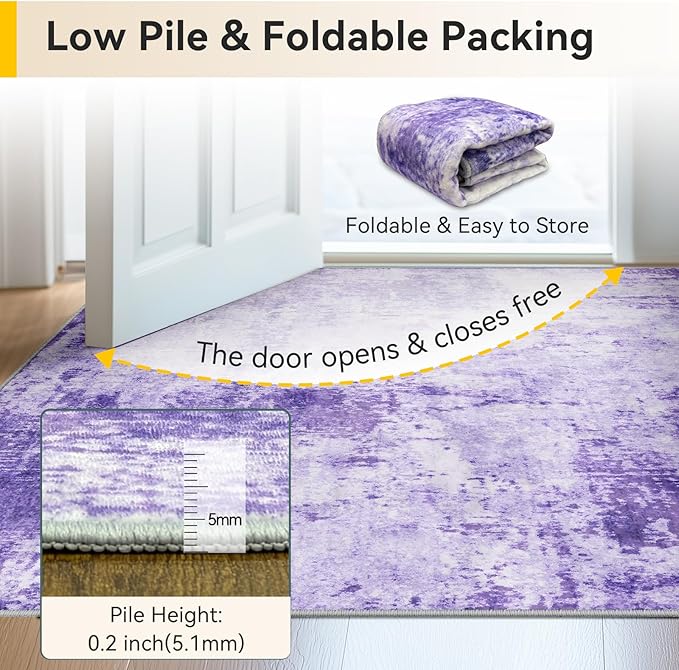 Washable Area Rugs 6ft Non-Slip Modern Abstract Soft for Living Room Entryway Bedroom Nursery, Print Pattern, Purple Gray Pink White