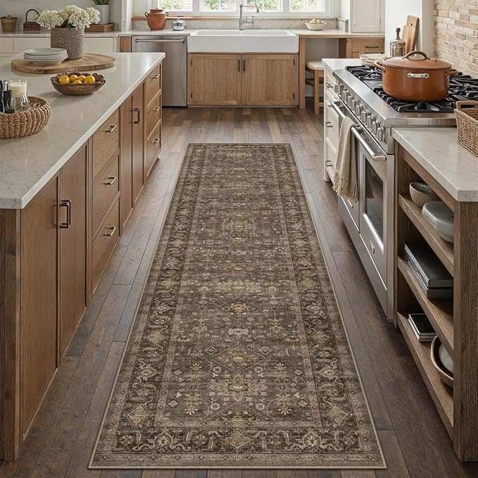2x10 Washable Runner Rug for Hallway Kitchen Vintage Brown Non Slip Low Pile Carpet Traditional Retro Soft Throw Rug for Bathroom Bedroom Entryway Indoor Entrance