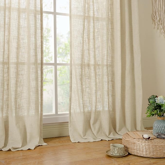 LAMIT Natural Linen Curtains for Living Room, 80 inch Length Light Filtering Semi Sheer Drapes Back Tab and Rod Pocket Farmhouse Panels for Bedroom, 2 Panels, Linen, 34 x 80 Inch
