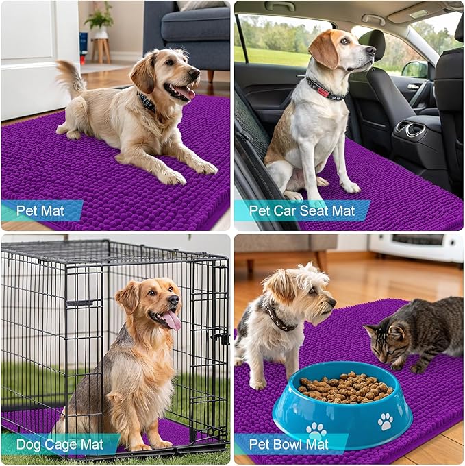OLANLY Dog Door Mat for Muddy Paws 45x27, Absorbs Moisture and Dirt, Absorbent Non-Slip Washable Doormat, Quick Dry Chenille Mud Mat for Dogs, Entry Indoor Entryway Carpet for Inside Floor, Purple
