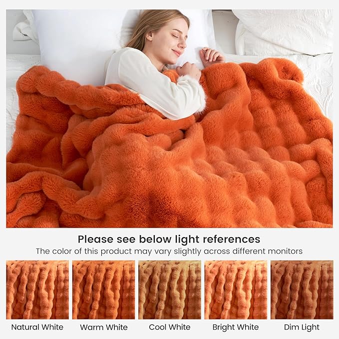 Cozy Bliss Faux Fur Throw Blanket for Bed King Size, Bubble Plush Blanket, Fuzzy Soft & Thick Blanket for Fall Bed Sofa Living Room, 108x90 Inches Halloween Burnt Orange