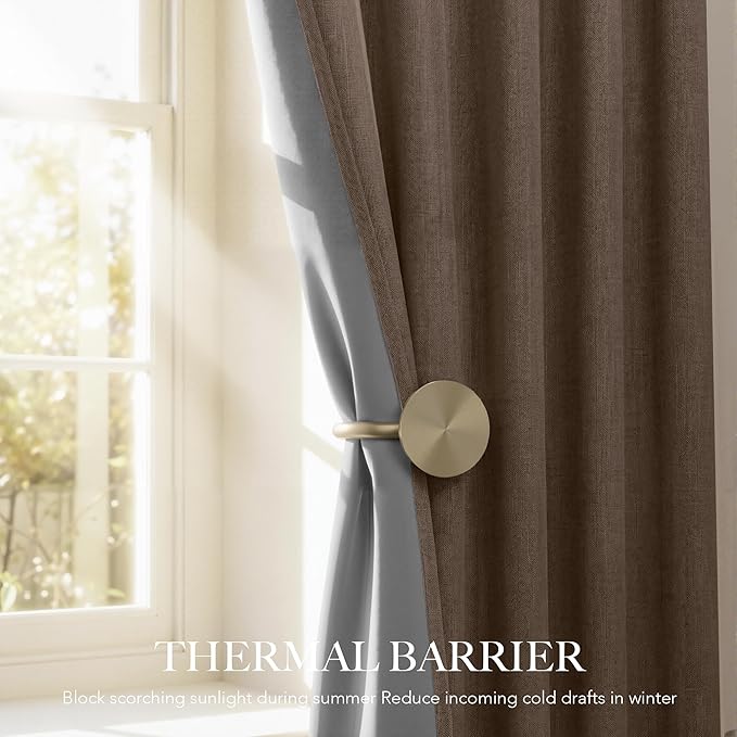 RYB HOME Coffee 100% Blackout Linen Curtains 78 inch Long, Thermal Insulated & Privacy Assurd Home Decor Drapes for Bedroom/Office/Nursery, Rod Pocket & Back Tab Window Treatment, W52 X L78, 2 Panels