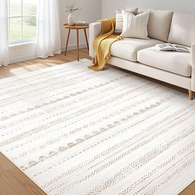Nakagishi Area Rug Living Room Rugs: 6x10 Large Soft Machine Washable Boho Moroccan FarmNeutral Stain Resistant Indoor Floor Carpet for Bedroom Under Dining Table Home Office Decor-Cream Brown