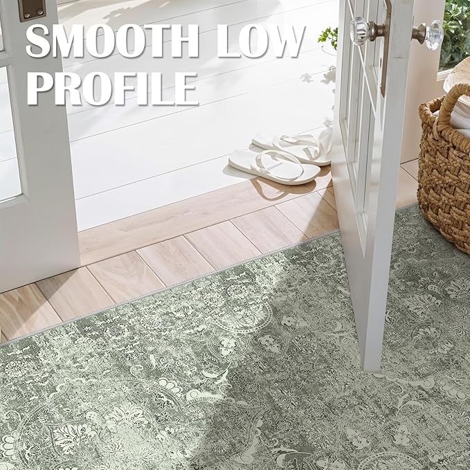 2'6"x8' Washable Hallway Runner Rug - Non Slip Kitchen Runner Rugs with Rubber Backing Vintage Low-Pile Carpet Runners for Entryway Dining Room Laundry Room Home Decor (Muted Sage Green)