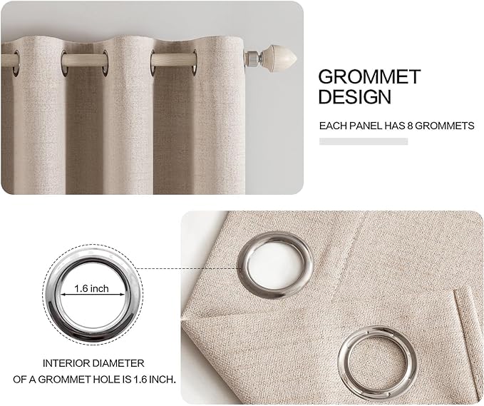MIULEE 100% Blackout Linen Textured Curtains for Bedroom Solid Thermal Insulated Natural Beige Grommet Room Darkening Curtains & Drapes Luxury Decor for Living Room Nursery 52 x 132 Inch (2 Panels)