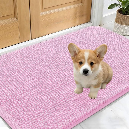 OLANLY Dog Door Mat for Muddy Paws 24x16, Absorbs Moisture and Dirt, Absorbent Non-Slip Washable Doormat, Quick Dry Chenille Mud Mat for Dogs, Entry Indoor Entryway Carpet for Inside Floor, Pink