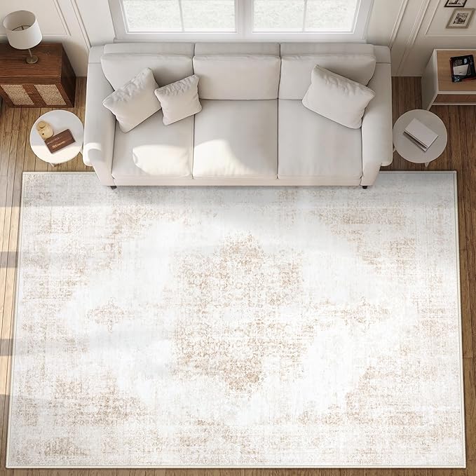 Area Rug 9x12 Vintage Rugs: Large Washable Living Room Rug Retro Medallion Distressed Soft Low Pile Non-Slip Rugs Indoor Floor Carpet for Bedroom Dining Table Office (Beige,9'x12')